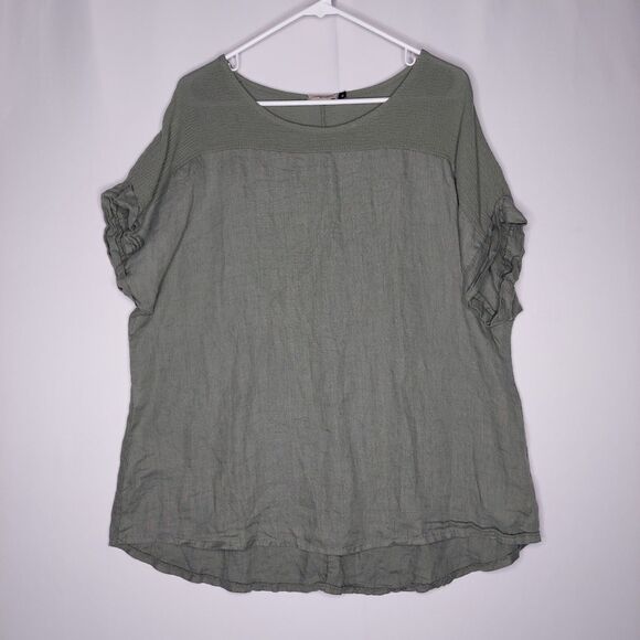 Lungo L'Arno Linen Top Women 1X Green Short Dolman Sleeve Mixed Fabric Gauze - Picture 1 of 11